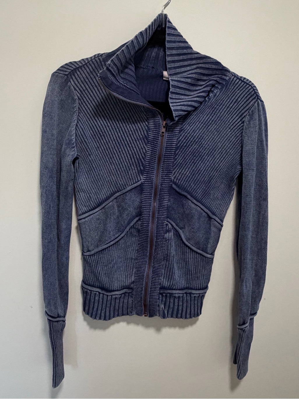 Dkny Blue Ribbed Zip-Front Knit Jacket